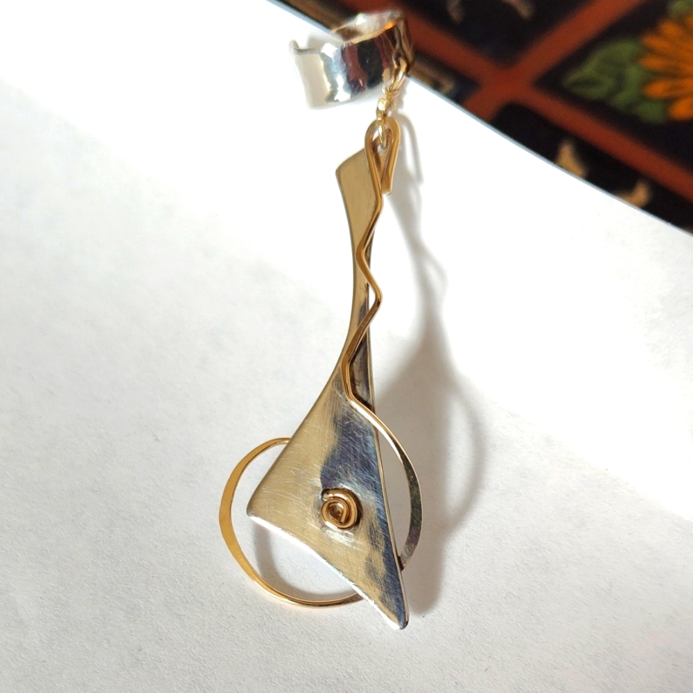 Sculpted 14k Gold Wire and Sterling Silver Dangle Ear Cuff